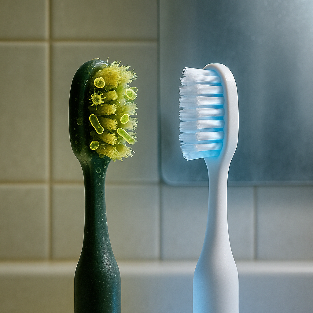 Twee tandenborstels naast elkaar op een badkamerachtergrond; de linker is bedekt met groene bacteriën en slijm, terwijl de rechter schoon en wit is met helderblauwe verlichting — een visueel contrast tussen een vieze en een hygiënische tandenborstel.