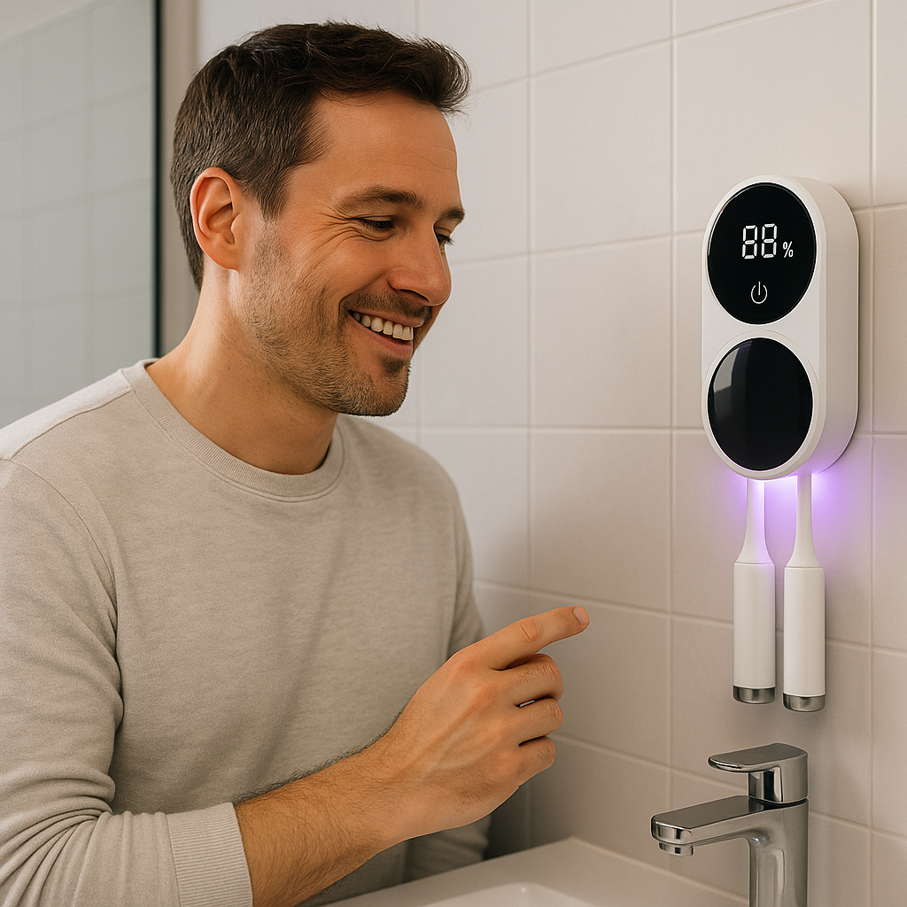 Man van rond de 40 in moderne badkamer kijkt glimlachend naar een UV-tandenborstelreiniger met digitale display (88%) en paarse gloed, twee tandenborstels in houder geplaatst.