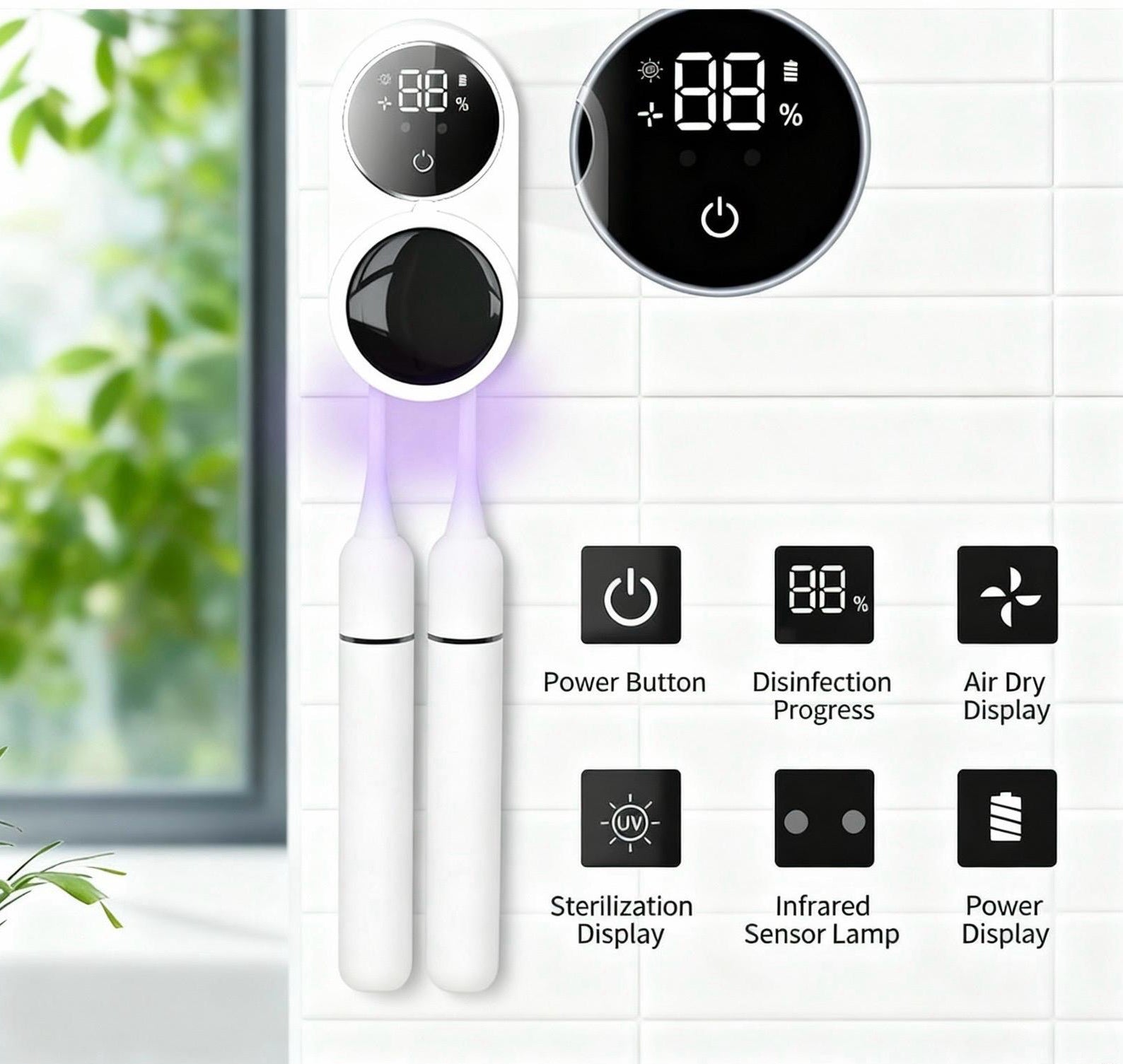 Wandgemonteerde UV-tandenborstelsterilisator met digitaal display, lucht-droogfunctie, desinfectievoortgang en twee tandenborstels onder UV-licht.