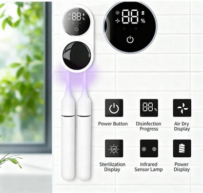 Wandgemonteerde UV-tandenborstelsterilisator met digitaal display, lucht-droogfunctie, desinfectievoortgang en twee tandenborstels onder UV-licht.