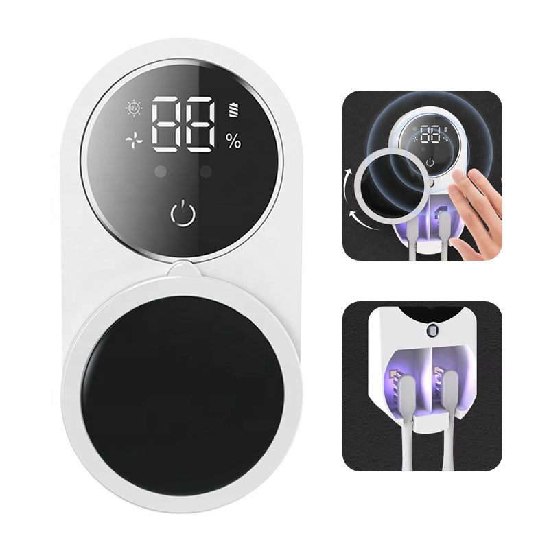 UV-tandenborstelsterilisator met digitaal scherm en draaibare beschermkap, inclusief voorbeeld van sterilisatie bij twee tandenborstels.