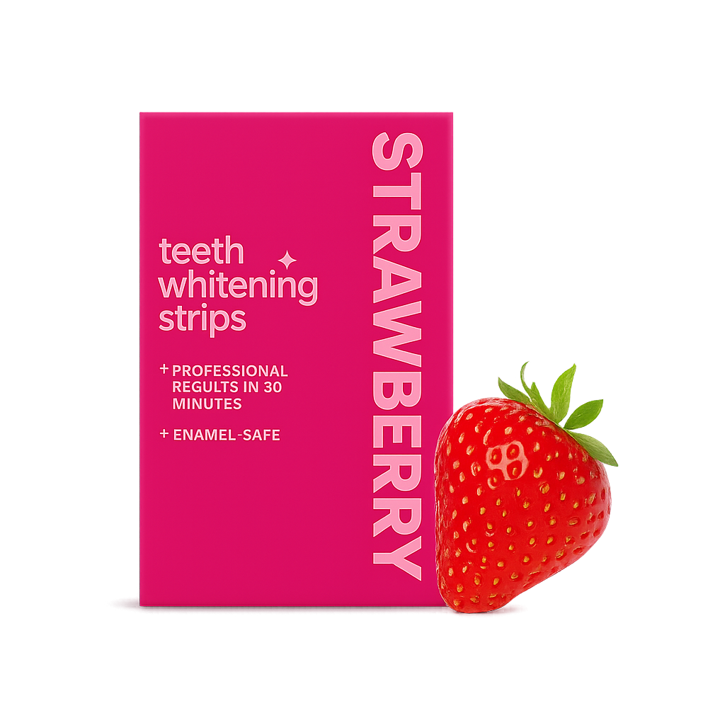 Felle roze verpakking van strawberry teeth whitening strips met witte typografie, gepresenteerd met een verse aardbei met groene kroon tegen een contrasterende witte achtergrond.
