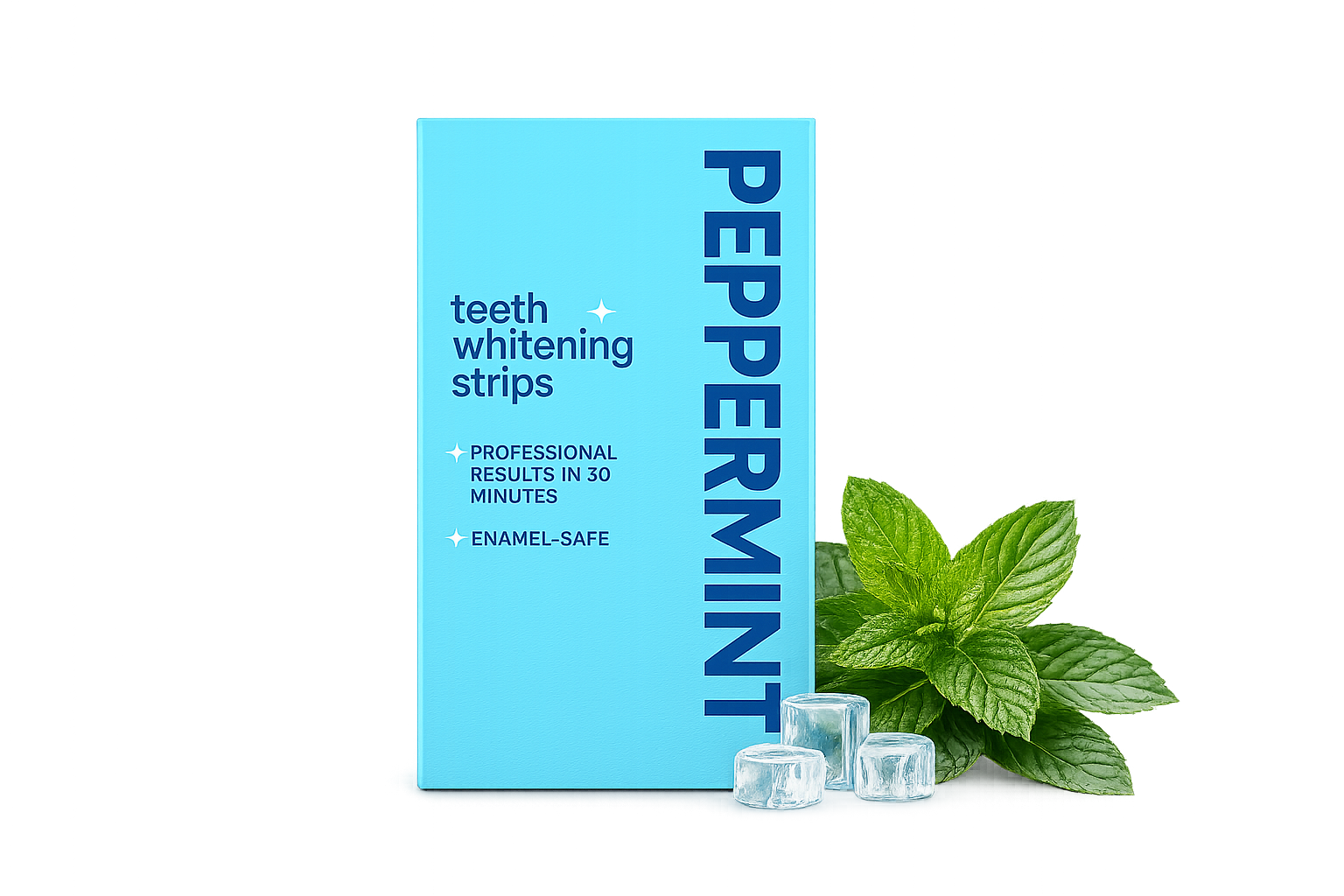 Turquoise verpakking van peppermint teeth whitening strips met donkerblauwe tekst, aangevuld met verse groene muntblaadjes en glanzende ijsklontjes voor een frisse uitstraling.