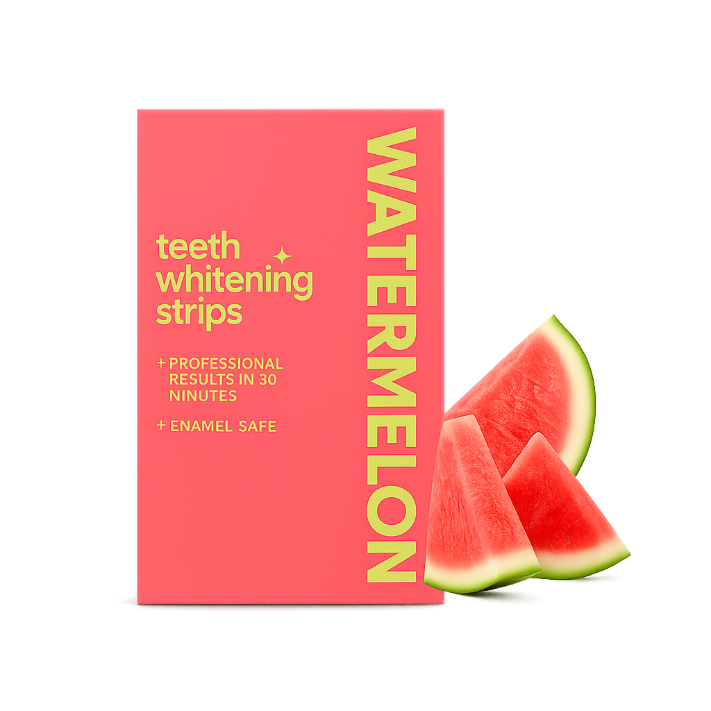 Roze verpakking van watermelon-flavoured teeth whitening strips met limoengroene tekst, naast twee helderrode watermeloenpartjes met groene schil, strak gefotografeerd op een witte achtergrond.